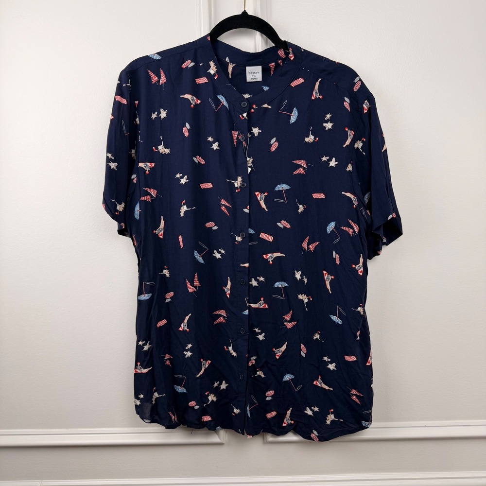 Bossini Womens 2XL Navy Blue Beach Print Short Sleeve Band Collar Button Up